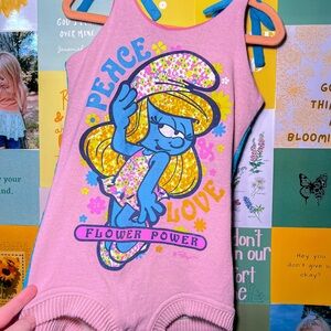 Vintage Disney One of a Kind Smurfette Rework Tie Romper - Full Lace Back